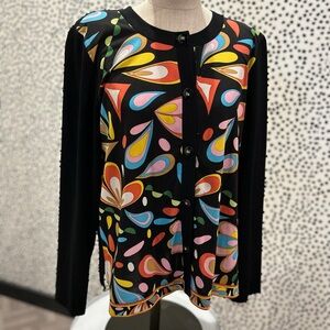 Misook Colorful Patterned Button-Up Cardigan with Gem buttons